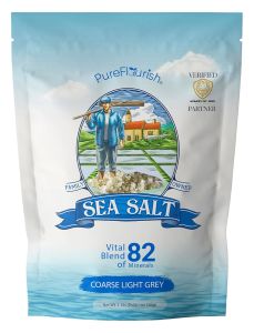 เกลือทะเลหยาบ Pure Flourish 1.1 ปอนด์    รับรองการเก็บเกี่ยวและนำเข้าจากฝรั่งเศส    ออร์แกนิกและไม่ผ่านการกลั่น    อุดมไปด้วยแร่ธาตุที่จำเป็น 82 ชนิด    ผลึกเกลือหยาบสีเทาอ่อนเก็บเกี่ยวด้วยมือจากฝรั่งเศส