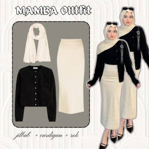 ONESET kekinian dengan setelan Jilbab Jersey premium + Cardigan hitam dan Rok rajut cream 100A