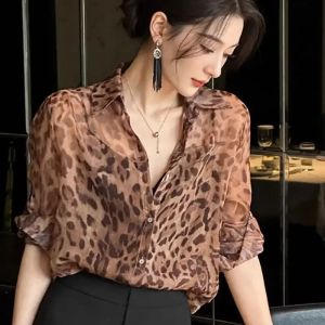 WomenS French Leopard Print Sheer Chiffon Blouse Summer Thin Layer Sun Protection Top