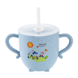 270ml Wheat Straw Childrens Water Cup Baby Baby Child Tableware Binaural Cartoon Creative Insulation Anti-Fall Straw With Lid  (Feeding Training Cup)