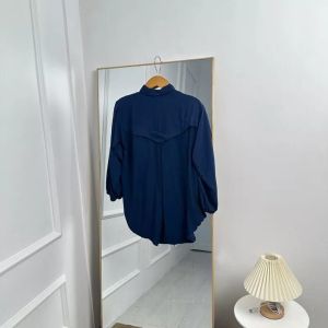 Blouse Polo Linen Waffle Wanita Gaya Korea Lengan Panjang Warna-Warni
