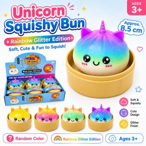 Unicorn Squishy Bun Rainbow Glitter Edition Squeeze Stress Relief Toy Safe Non-Toxic Material Ages 3+