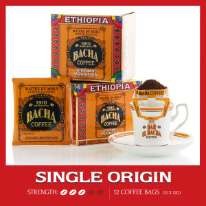 Bacha Coffee | Sidamo Mountain Ethiopia Single Origin 100% Arabica Beans Medium Dark Roast x12 Individually Wrapped Single Serve Filter Bags