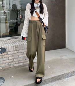 American Retro Perkakas Celana Kasual untuk Wanita Tinggi Pinggang Saku Celana Jas Longgar Lurus Lebar Kaki Celana