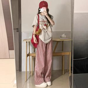 COD韩系复古格子阔腿裤女春夏2025新款高腰宽松显瘦小个子遛弯拖地裤2026新品