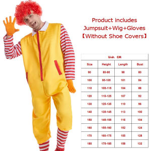 Adult Kids Circus Clown Costume Yellow Mcdonald Cosplay Jumpsuit Red Clown Wig Outfit Halloween Joker Onesie Performing Fancy Costumes