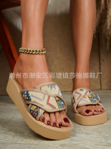 Free Shipping Bohemian-Style WomenS Sandals Featuring A Single-Strap Design Height-Enhancing Soles Versatile And Retro Embroidery And A Beach-Inspired Aesthetic With A Rope Detail