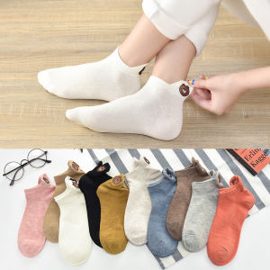 (5 pairs)Woman Cute Embroidered Cartoon Bear Cotton Socks Women Socks Kawaii Candy Color Breathable Comfortable Boat Socks Female Casual Sock Ladies Ankle Socks