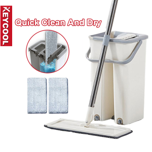 Mop with squeezer heavy duty by Bucket Set self cleaning Wet and Dry Hands Free Flat Floor Mop 2 Washable Pads Included Home Floor Cleaning System for All Floor Types and Windows