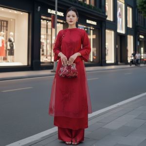Áo Dài Thiết Kế Ẩn Hoa Đỏ Cao Cấp - Áo Dài Cách Tân Nữ Chất Tơ Thêu Hoa Nổi 2 Lớp Sang Chảnh Diện Lễ Tết Sự Kiện_BS0239