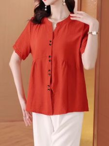 YOLO Summer New Korean Style Fashionable Temperamental All-Match Shirt round Neck Western Style High-End Solid Color Short Sleeve Cotton and Linen Top for Women