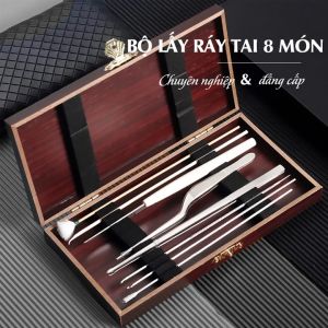 Dụng cụ lấy ráy tai bộ ngoáy tai 20 món tich hợp đèn soi hộp gỗ sang trọng