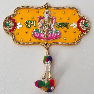 Reusable Shubh Labh Hanging for Door | Lakshmi Ganesha & Trishul Design | Decorative Wall & Entrance Décor with Studded Stones | (Pack of 1 Pc)