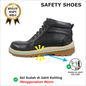 Jaminan Kulit Sapi Genuine - Sepatu Boot Safety Pria Hitam Kulit Sapi 09 b tali Ujung Besi Sepatu Safety Pria Trendy BONUS KAOS KAKI