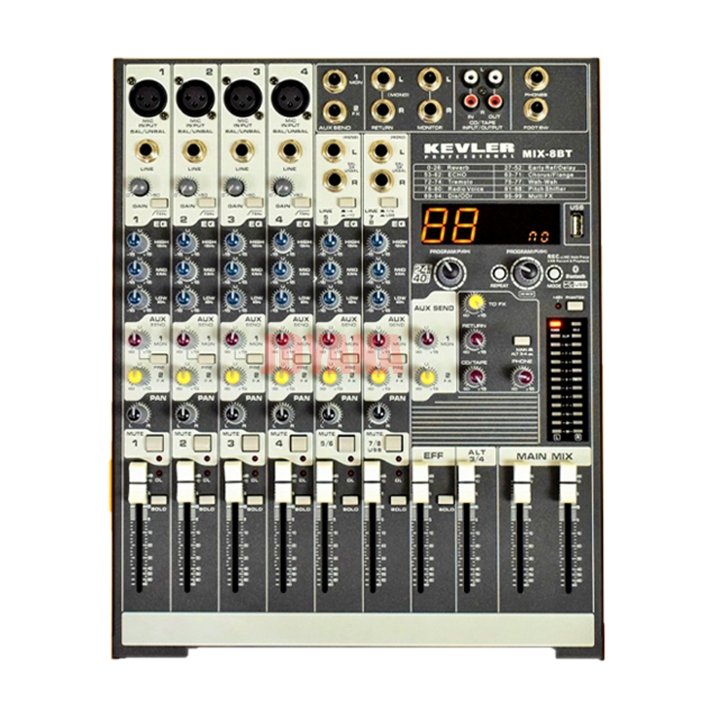 Kevler Professional Mixer MIX-8BT 8-Channel [4 Mic Input][LINE 2 AUX 24 ...