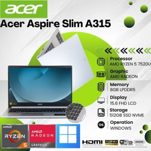 Laptop Multitasking Acer Aspire Slim A315-24P-R77Z AMD RYZEN 5 8GB DDR5 512GB SSD AMD RADEON 15.6"FHD SILVER Murah Bergaransi Free Tas