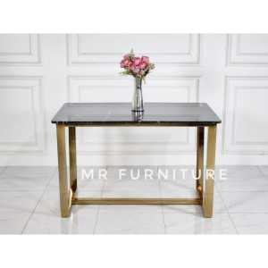meja makan top marmer hitam kaki stainless gold