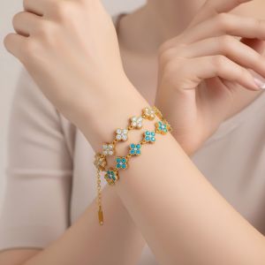 18K Gold Plated Luxury Colorful Stainless Steel Four Leaf Flower Bracelet for Women Delicate Cubic Zirconia Fashion Jewelry Gift