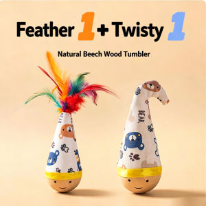 Wooden Cat Tumbler Toy Self Righting Interactive Feather Teaser Ball Scratch Resistant Indoor