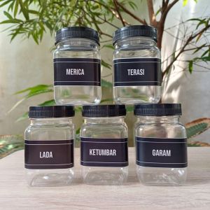 Toples Bumbu Dapur Tutup Warna Hitam 200 Ml Bahan Plastik Model Kotak Gratis Stiker Label