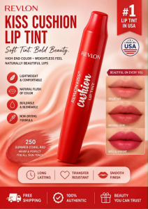 Lipstick REVLON Kiss Cushion Lip Tint - 250-High End Coral - Summer Coral Red - Warm Skin Tone Perfrct - 100% Authentic - USA Imports