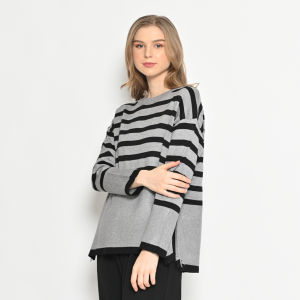 QUEENTIN Sweater Rajut Casual Wanita 5269 Knit Stripe Kombinasi Strecth Lengan Panjang