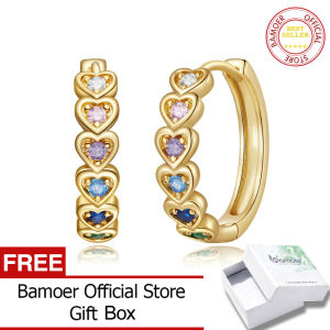 BAMOER 925 Sterling Silver Needle Rainbow Heart Hoop Earrings For Women Colorful Zircon Ear Buckles Fashion Jewelry YIE229