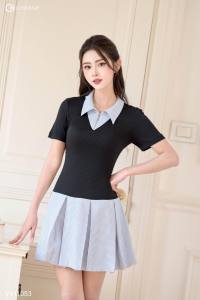 Váy nữ len phối sơ mi kẻ dập ly Charme 411053
