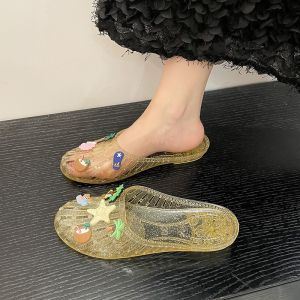 [Free Shipping] Crystal Shoe Sandals Flat Transparent Half-Slipper Style For Outdoor Wear Jelly-Like Material 2026 Soft-Soled Slippers Closed-Toe Design WomenS Shoes