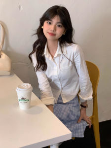 Long Sleeve Polo Shirt for Women New Arrival Korean Style Slim Casual Basic Blue Crop Tops Blouse school uniform
