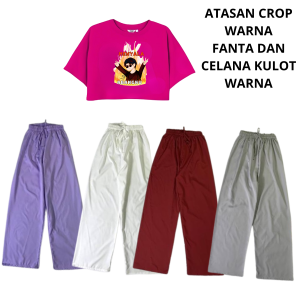 1Set Celana Kulot Warna Maroon Putih Ungu Dan Abu Dan Atasan Crop Oversized Remaja Motif Menyala Abangku