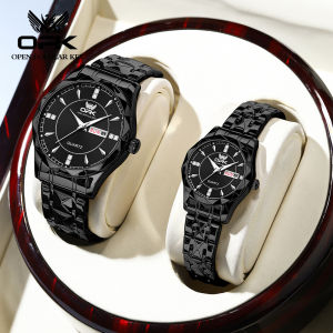 OPK jam tangan couple pasangan elegan mewah dewasa 2024 anti air import stainless steel with box calendar quartz