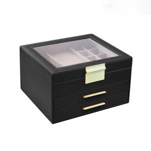 Jewelry Box with Glass Lid 3-Layer Jewelry Organizer 2 Drawers for Earing Necklace Girls Women