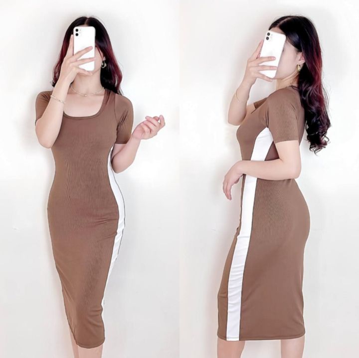 DBS COMBI Long Bodycon Dress High Quality Stretchable Knitted Fabric FREE  SIZE FITS SMALL to LARGE Trendy Sexy Chic Casual OOTD Comfortable Women's  Clothing Wear KOREAN STYLE Slim-Fitting