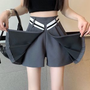 Korean Summer Short Skirts Women Irregular Pleated Zipper Patchwork Fashion Casual High Waist Loose Wide Leg A-line Skirt Shorts2026