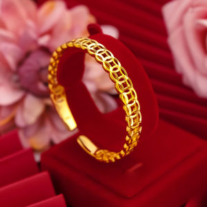 Everhoney Dainty 14K Gold Bangle Adjustable Open Cuff Coins Lucky Bangle Bracelets for Women Girls