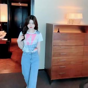 Ammin 2024 mùa hè đơn giản cổ tròn thời trang định vị động vật hoạt hình in bông Áo thun người phụ nữ phong cách Hàn Quốc Tay Ngắn Màu Trơn Áo Blouse thanh lịch