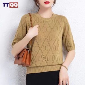 TTQQ Womens Sweater Short Sleeve Round Neck Hollow Thin Top