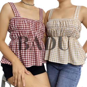 Caprice GINGHAM Smocking Top Cotton Seersucker Design Blouses