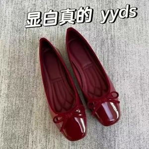 2026 New Patent Leather Square-Toed Flat Shoes For Women Shallow Bowknot Soft Leather Retro Shoes Versatile Slip-Ons