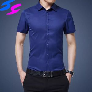 HY Mens Short Sleeve Slim Fit Dress Casual Shirts Thin White Black Pink Blue Red Male Social Business Dress Shirts Big Size 5XL