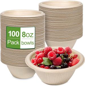 8oz Small Bowls 100 Pack Compostable Paper Chili Bowls Eco-Friendly Bowls Made Of Sugarcane Microwave Bowls for Ice Cream Salad Soup Snack Dessert Hot or Cold Use