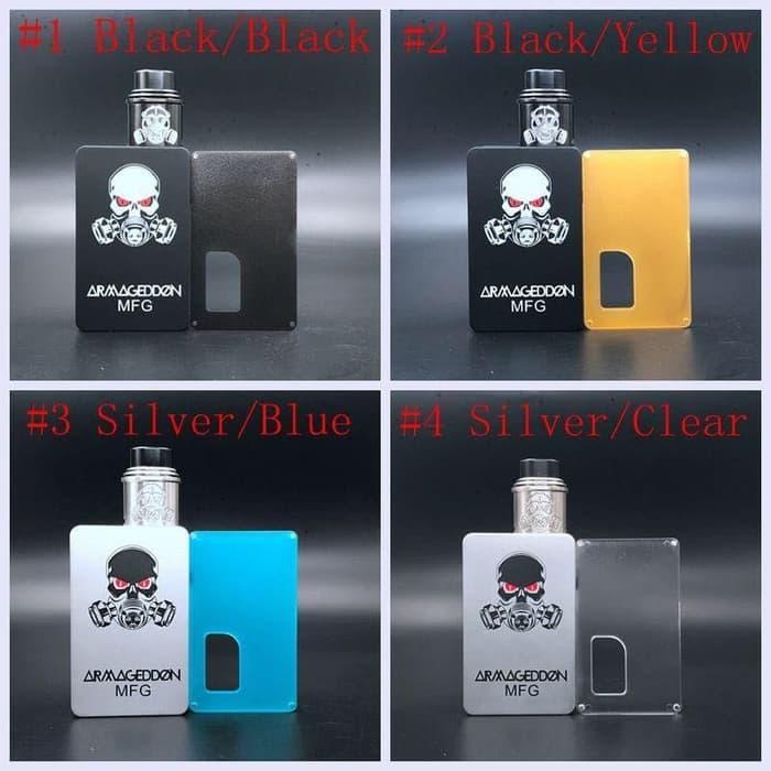 Armageddon Squonk Mechanical Box Mod + Apocalypse RDA Kit Vape Vapor  Kemasan Termasuk 1 X Squonk Box Mod 1 X Pin 510 2 X Baut 3 X O-Ring Berat  116G Dimensi 48Mm