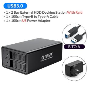 ORICO 2 bay 3.5 USB3.0 to SATA With RAID HDD Docking Station Aluminum HDD Enclosure 36W Power Adapter HDD Case