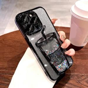 Luxury Glitter Case iPhone 11 12 13 14 15 pro max Gradient Quicksand Milk Tea Cup Shockproof Silicone Casing iPhone 11 12 13 14 15 pro max Plating Softcase with lens protect
