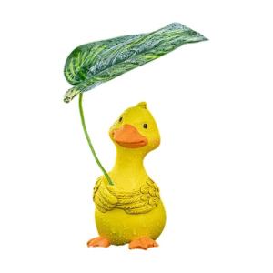 Cartoon Duck Figurine Holding Leaf Resins Ornament Decorative Animal Miniature For Potted Displays And Shelves