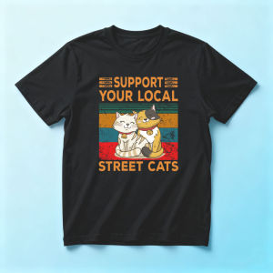 Cartoon Stray Cats Striped Block Print T Shirt Men Support Local Street Cats Short Text Minimal Animal Rescue Casual Streetwear