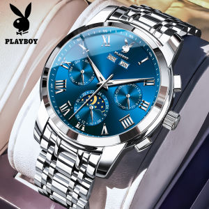 นาฬิกาเพลย์บอยสำหรับกันน้ำผู้ชายสแตนเลสยี่ห้อดั้งเดิมสายเหล็กสัปดาห์ปฏิทินนาฬิกาข้อมือเล่นกีฬาเคลื่อนที่เชิงกล