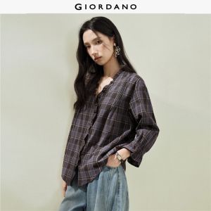 Giordano Women Vintage checkered lace V-neck seven-quarter sleeve woven shirt - High Quality Free Shipping 18346204