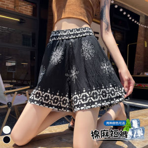 YIMEI กางเกงขาม้าสไตล์วินเทจทรงหลวมทำจากผ้าฝ้ายและผ้าลินินดอกไม้สไตล์ชาติพันธุ์ใหม่สำหรับกางเกงขาสั้นเอไลน์กระชับสัดส่วนและลำลองอเนกประสงค์